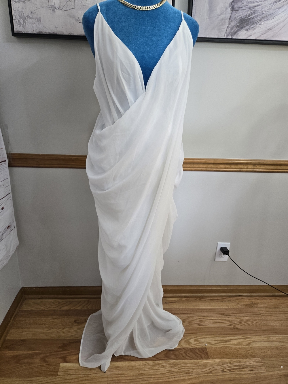 PrettyLittleThing White Chiffon Backless Draped Maxi Dress US 8 NWT